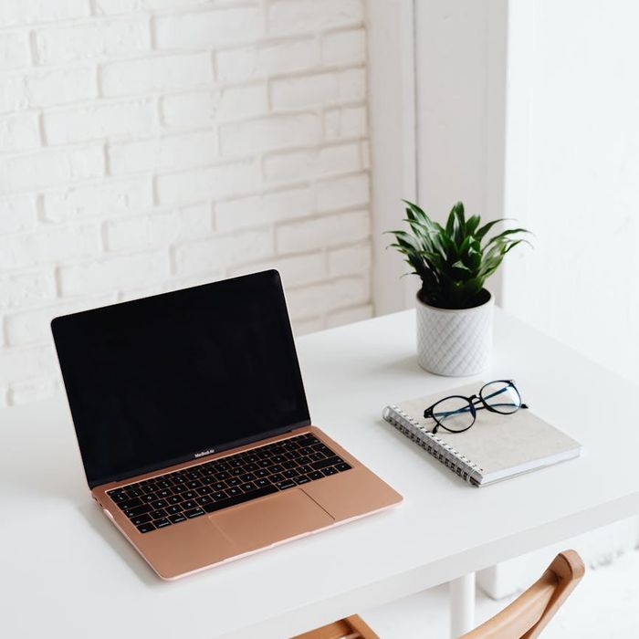 A bright and airy workspace with a laptop, a plant, and a notebook, suggesting a balanced lifestyle.